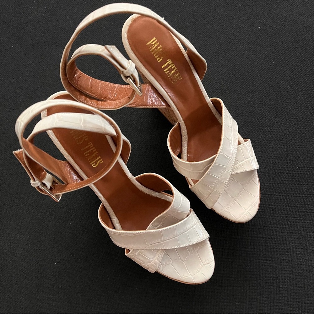 PARIS TEXAS CORK WEDGE PLATFORM WHITE LEATHER SANDALS SZ 41/11 $459 - Picture 3 of 6